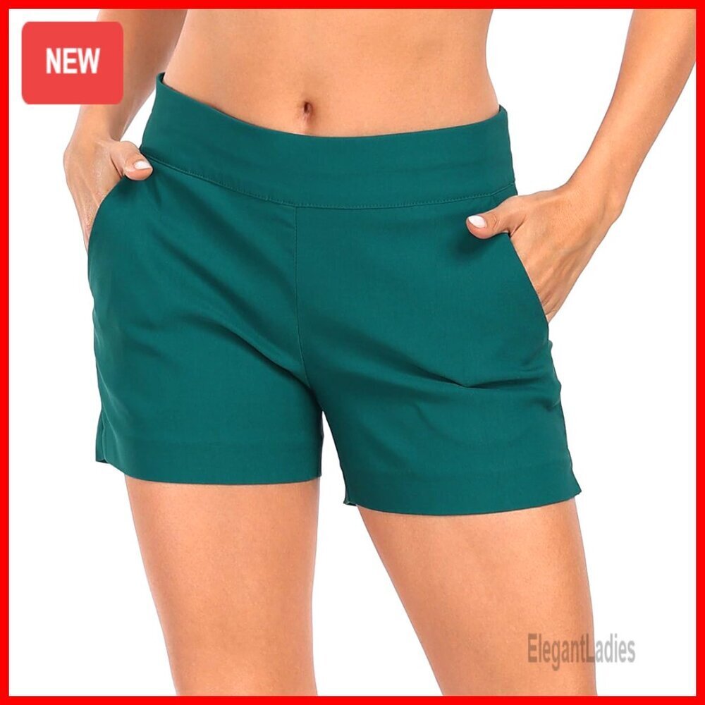 High Waisted 4" Inseam Chino Shorts, Rayon Blend, Elastic Waist, Casual Summer